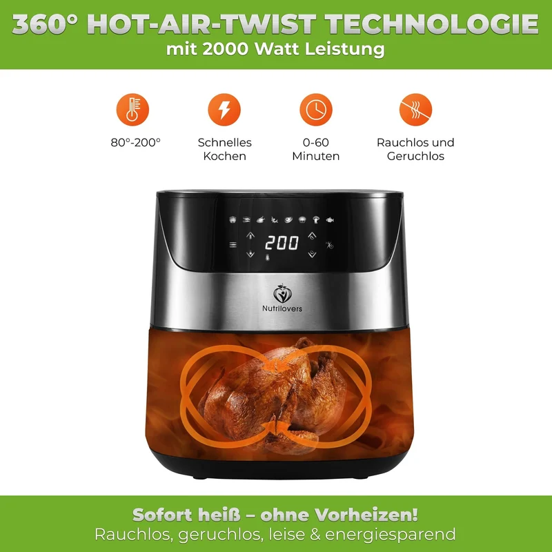 NUTRI-FRYER (B) EDELSTAHL Heißluftfritteuse XXL 2000W 5.0L