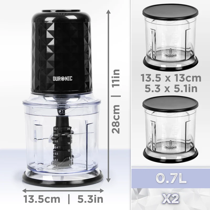 Duronic CH57 BK Elektrischer Zerkleinerer 500W, 2x 700 ml Schüsseln mit Deckel, Küchenmaschine für Gemüse, Obst, Nüsse & Kräuter, Ideal für Saucen, Püree & Babynahrung