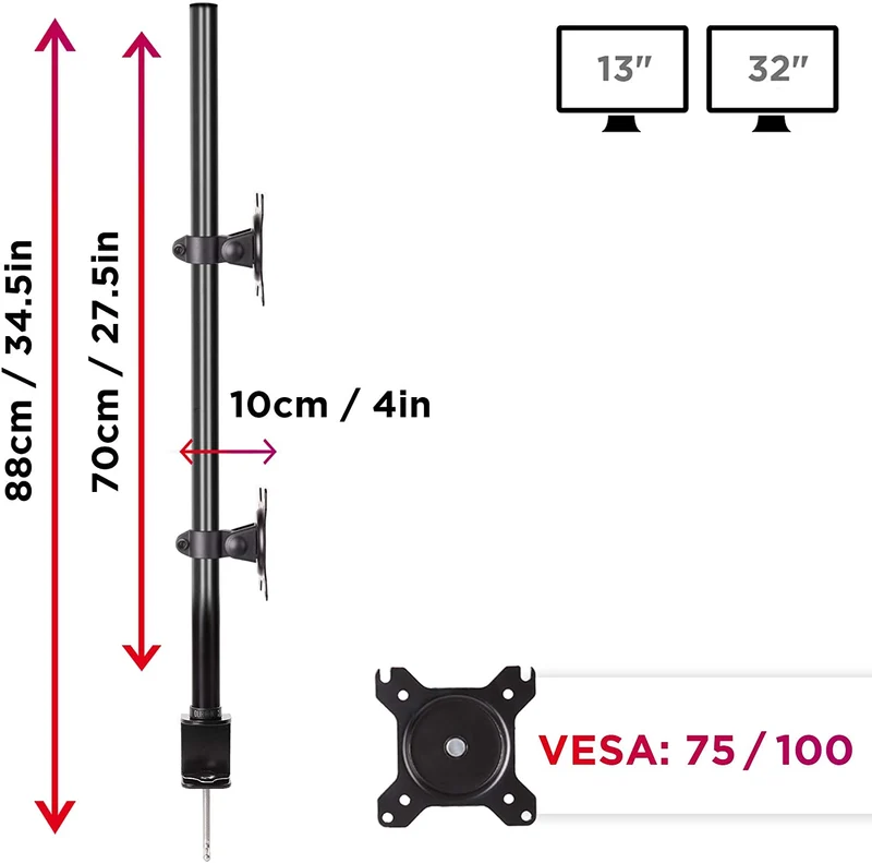 Duronic DM15V2 Monitorständer | Doppel-PC-Tischhalterung | Für Zwei 13-32 Zoll Bildschirme | Einstellbar | | VESA 75/100 | 8 kg pro Bildschirm | -15 °/+15 ° Neigung