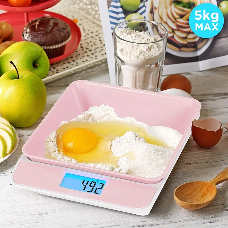 Duronic KS100 PK Küchenwaage, Küchen Waage Digital, rosa Haushaltswaage mit Schüssel, Feinwaage in pink bis 5kg, 1,2 Liter Volumen, Meal Prep für Diät