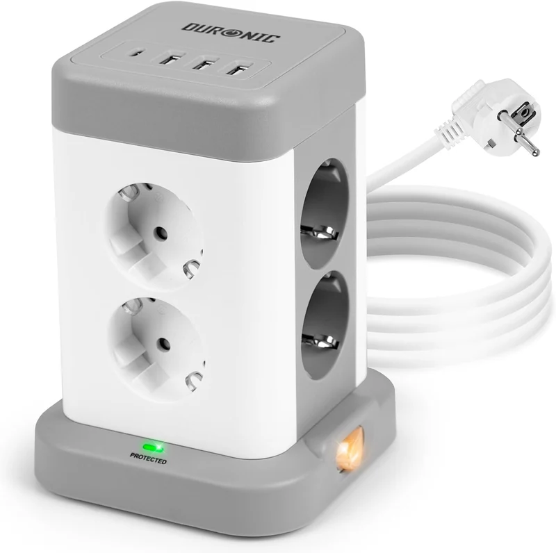 Duronic ET8C Mehrfachsteckdose | Steckdosenwürfel mit 3 USB A Ports und 1 USB C Port (3A) | 8-Fach Steckdose 3680W 16A | Steckdosenleiste mit Überspannungsschutz | Steckdosenturm mit 1,8 m Kabel