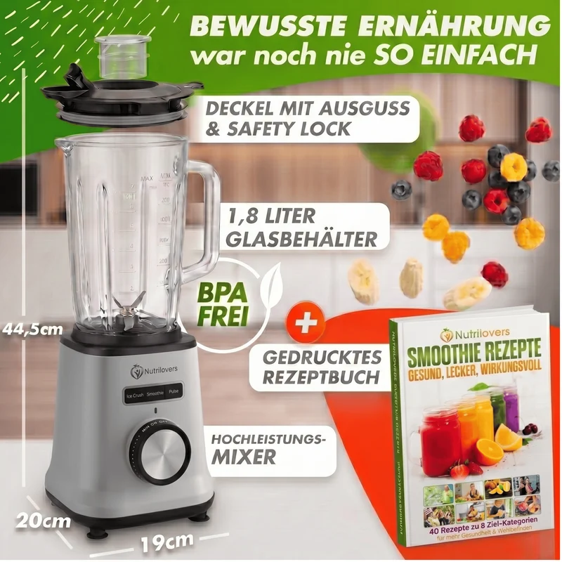 Standmixer Glas NUTRI-BLENDER GLAS+ Hochleistungsmixer mit Glasbehälter 1800W, 1.8L