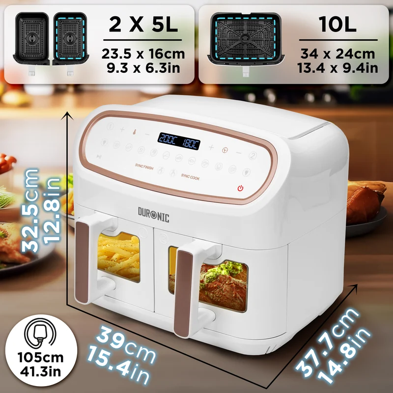 Duronic AF34 WE Heißluftfriteuse, XXL Heißluftfritteuse mit 2 Kammern für Pommes, Friteuse HLF 10L Volumen Airfryer, Air Fryer für Rezepte ohne Öl