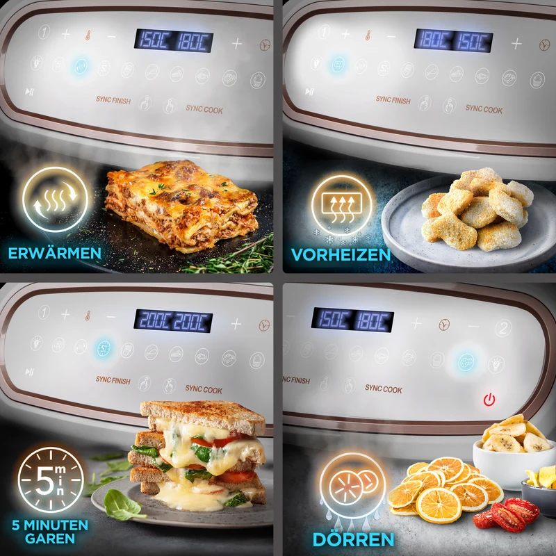Duronic AF34 WE Heißluftfriteuse, XXL Heißluftfritteuse mit 2 Kammern für Pommes, Friteuse HLF 10L Volumen Airfryer, Air Fryer für Rezepte ohne Öl