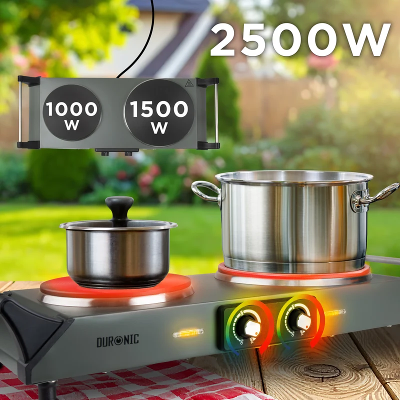 Duronic HP2 GG Doppel Kochplatte, Elektrische Doppelkochplatte mit Griffen 2 Kochfelder stufenlos regelbar, Campingkocher mit Massekochfeld, Tragbare Herdplatte aus Edelstahl für Camping, 2500 W