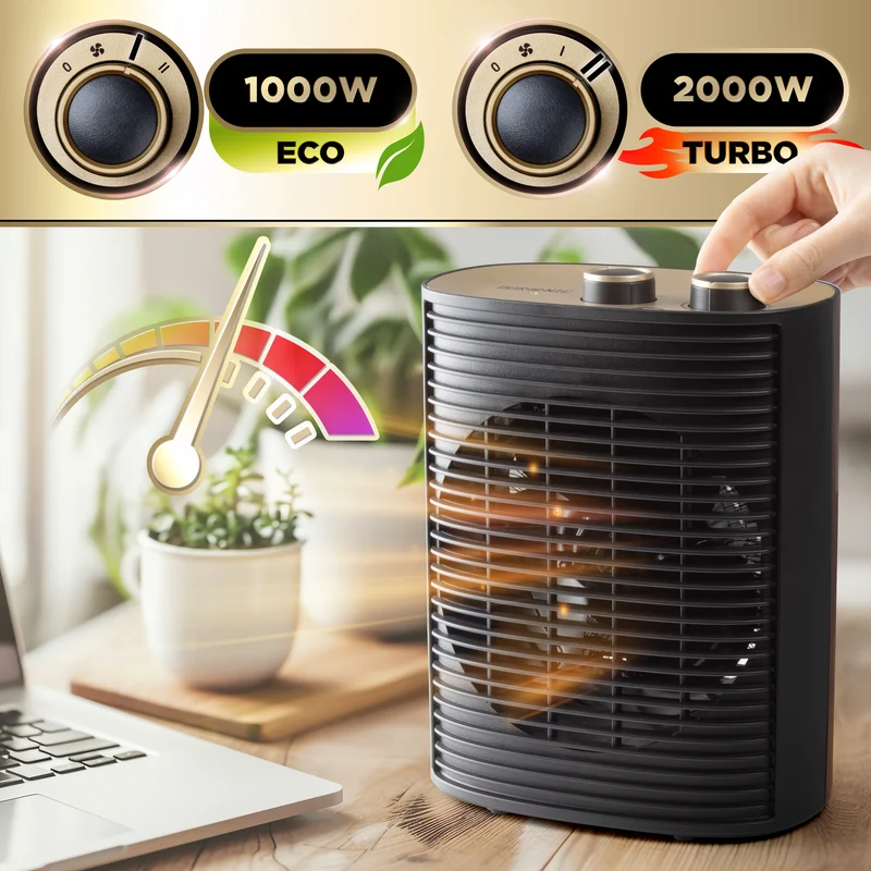 Duronic HV32 BK Heizlüfter, 2000 Watt Elektroheizung für Steckdose, kleine Mini Heizung als Fußwärmer, Elektroheizkörper mit 2 Stufen, Kaltfunktion
