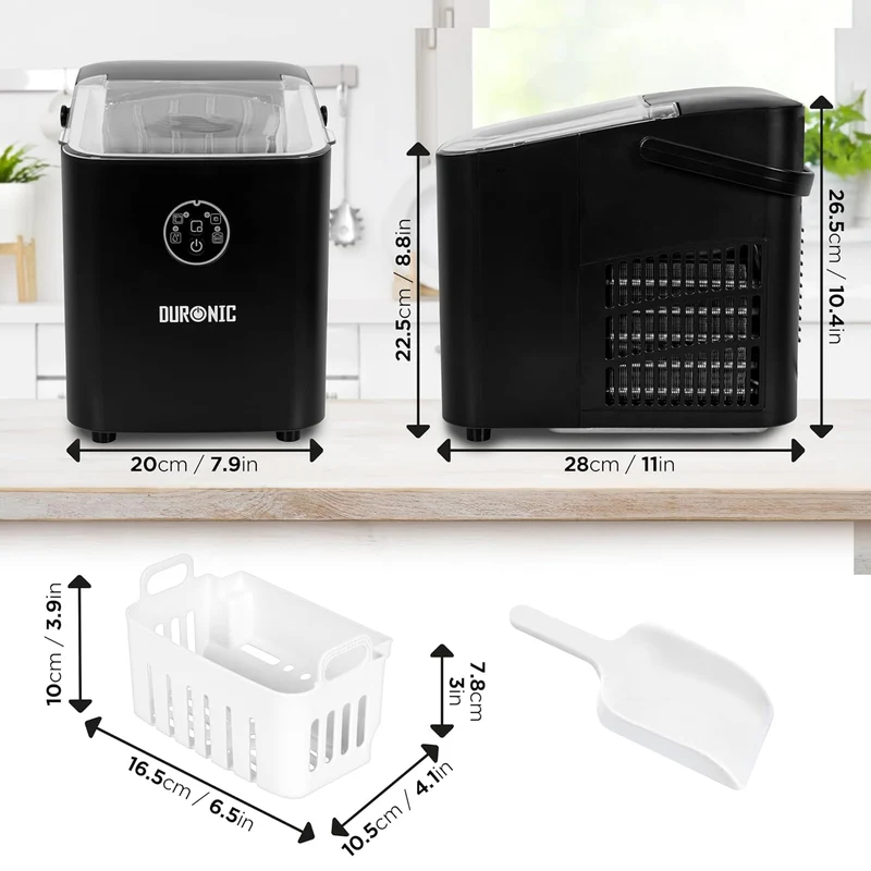 Duronic ICM12 BK Automatische Eiswürfelmaschine | 8 Eiswürfel in 6 - 8 min | 1 L Wassertank | Bis zu 12 kg pro 24 Stunden | Leiser Kompressor bis 54dB | Eismaschine 120W | 1 kg Eis Eiswürfelbereiter