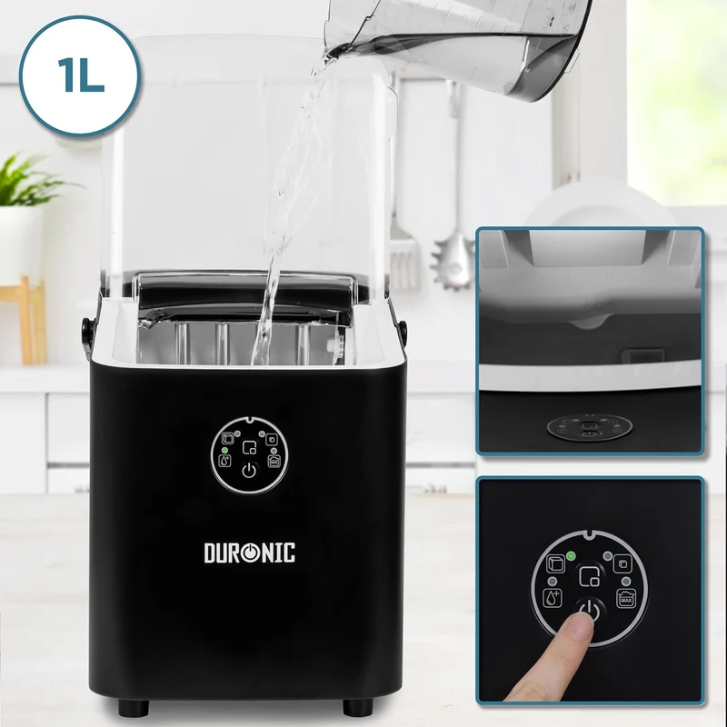 Duronic ICM12 BK Automatische Eiswürfelmaschine | 8 Eiswürfel in 6 - 8 min | 1 L Wassertank | Bis zu 12 kg pro 24 Stunden | Leiser Kompressor bis 54dB | Eismaschine 120W | 1 kg Eis Eiswürfelbereiter