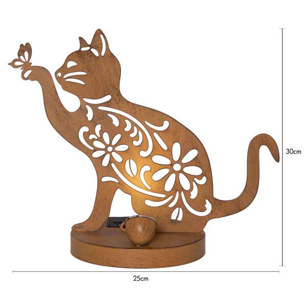 Star Trading LED-Solar-Dekoration "Oxicat", sitzende Katze Rost, Metall, ca. 25x30 cm, ww LED, Akku, outdoor, Vierfarb-Karton