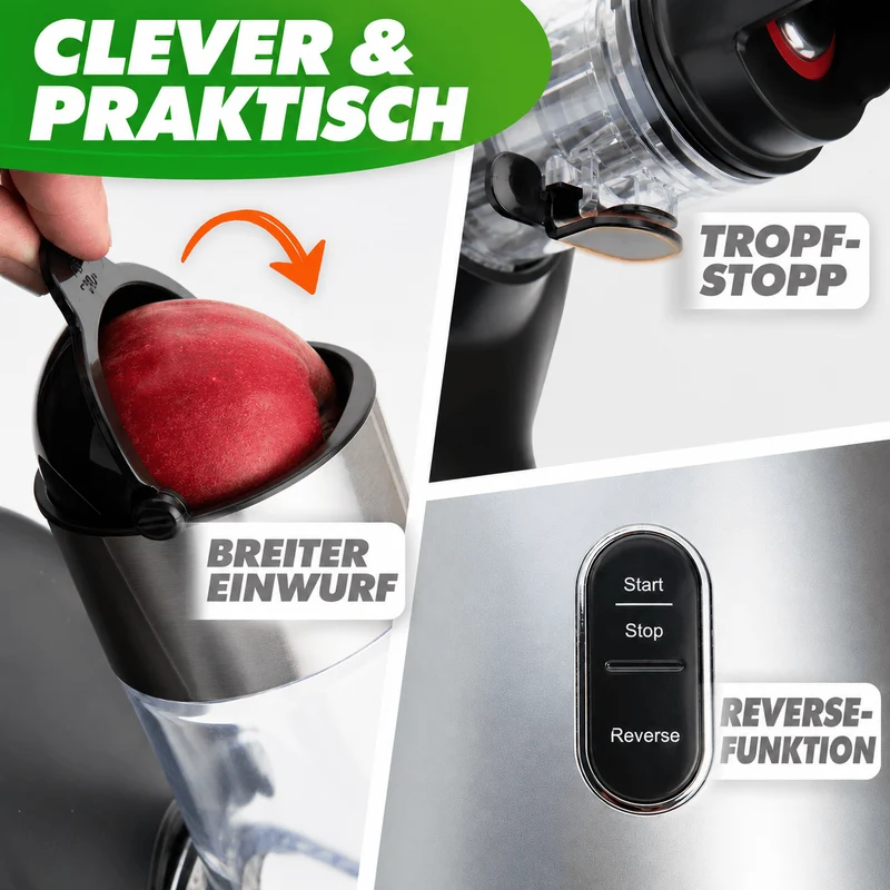 Slow Juicer GREEN-PRESS MAX EDELSTAHL Entsafter mit Edelstahl-Schnecke