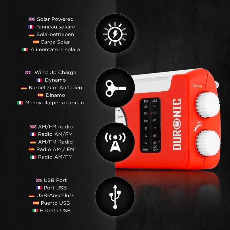 Duronic Hybrid Radio AM/FM - Aufladbar mit Solar, Kurbel und USB - 300mAh Akku - Bis zu 7h Musik mit voller Ladung - Mit Kopfhöreranschluss - Notfallradio - Kompaktradio für Camping und Outdoor