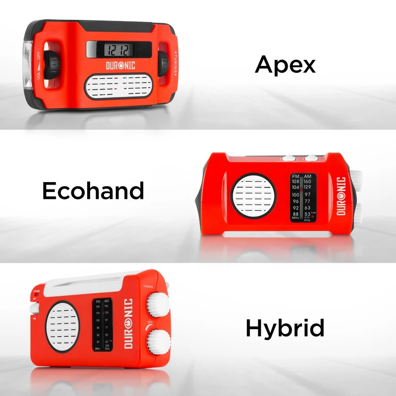 Duronic Apex Radio AM/FM | Mit Radiowecker und Taschenlampe | Aufladbar mit Solar, Kurbel und USB | 300mAh Akku | Bis zu 7h Musik mit voller Ladung | Ladefunktion für Handy | Notfallradio