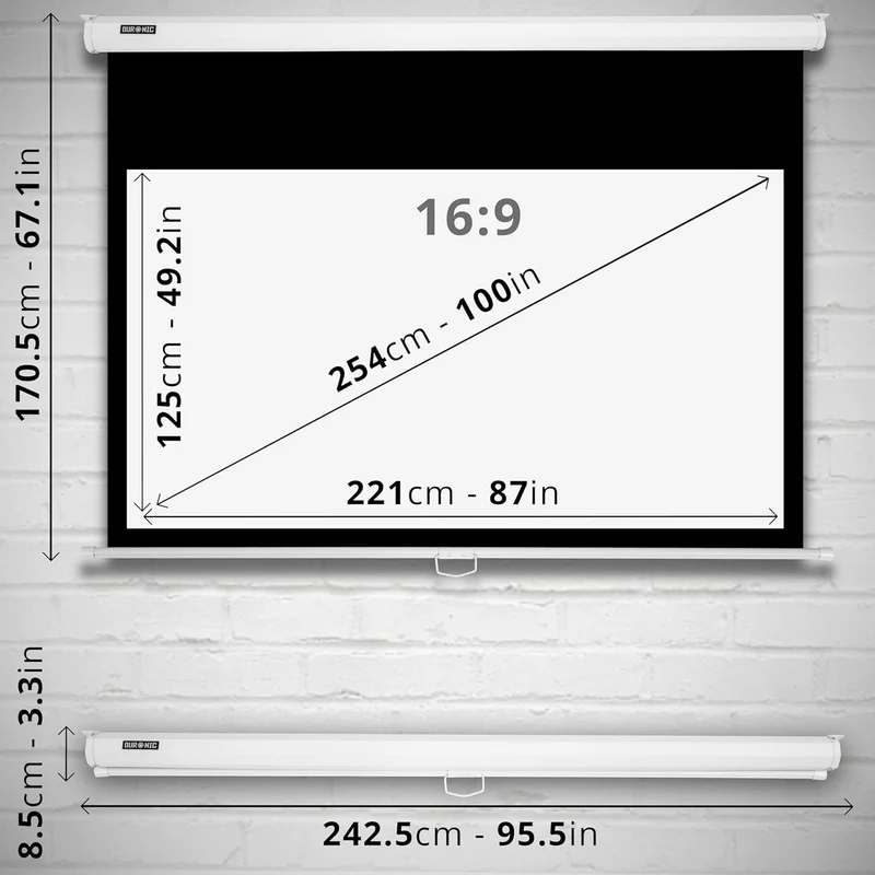 Duronic MPS100 16:9 WE Beamer Leinwand | 100 Zoll Projektor Leinwand | 16:9 Heimkino | Gain +1 Rolloleinwand für Wand oder Deckenmontage | 4K UHD, 3D, Full HD 1080p | Kompakte Projektionsleinwand Weiß