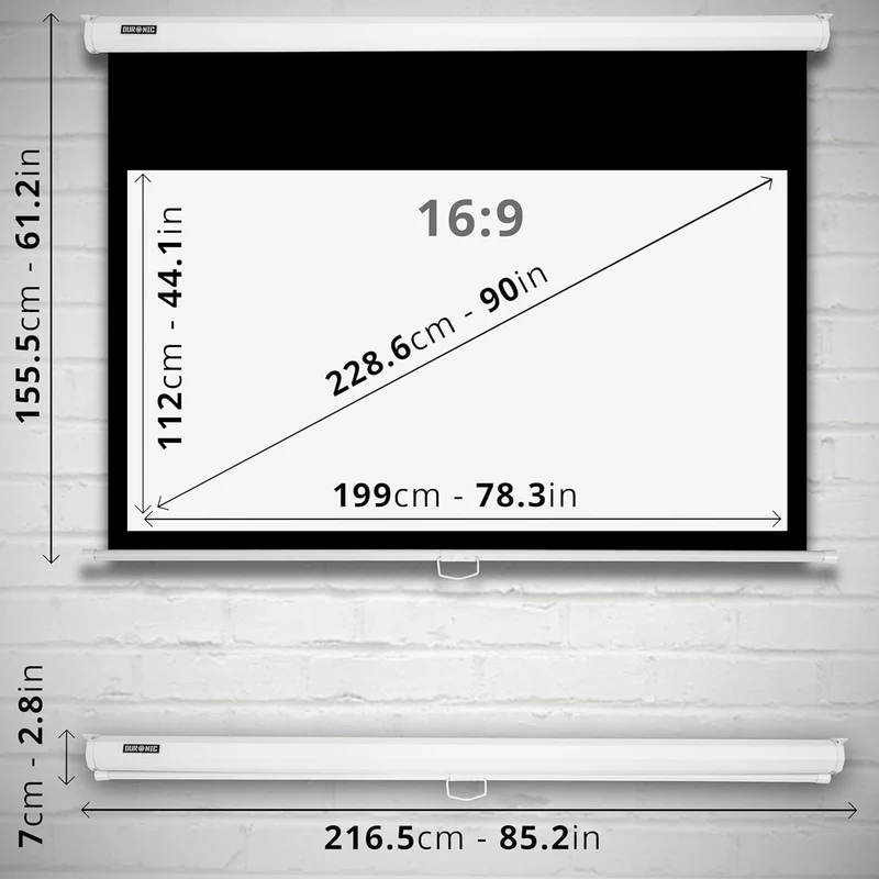 Duronic MPS90 16:9 WE Beamer Leinwand | 90 Zoll Projektor Leinwand | 16:9 Heimkino | Gain +1 Rolloleinwand für Wand- oder Deckenmontage | 4K UHD, 3D, Full HD 1080p | Kompakte Projektionsleinwand Weiß