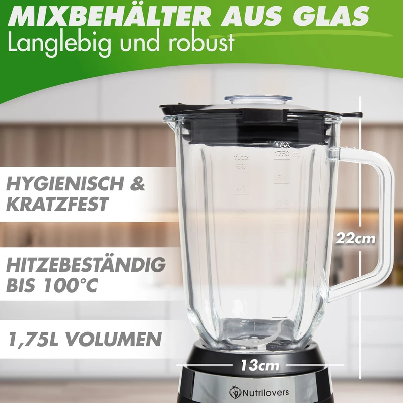NUTRI-BLENDER GLAS (B) Standmixer mit Glasbehälter, 1300W, 3 Programme inkl. Rezeptbuch
