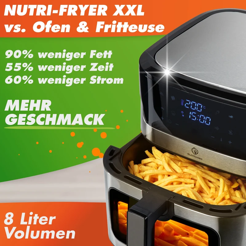 NUTRI-FRYER (B) Heißluftfritteuse XXL Edelstahl, 8L, 2000W, Ober-& Unterhitze