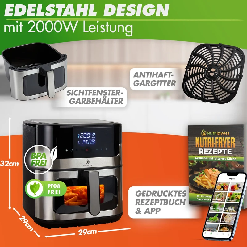 Heißluftfritteuse NUTRI-FRYER Edelstahl, 8L, 2000W, Ober-& Unterhitze