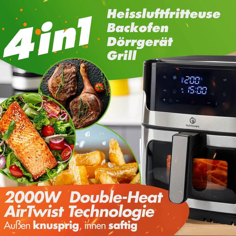 Heißluftfritteuse NUTRI-FRYER Edelstahl, 8L, 2000W, Ober-& Unterhitze