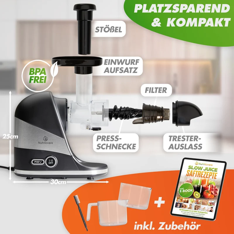 MINI-PRESS (B) Slow Juicer - Besonders Kompakt & Platzsparend | elektrischer Entsafter Obst & Gemüse | 100% BPA frei