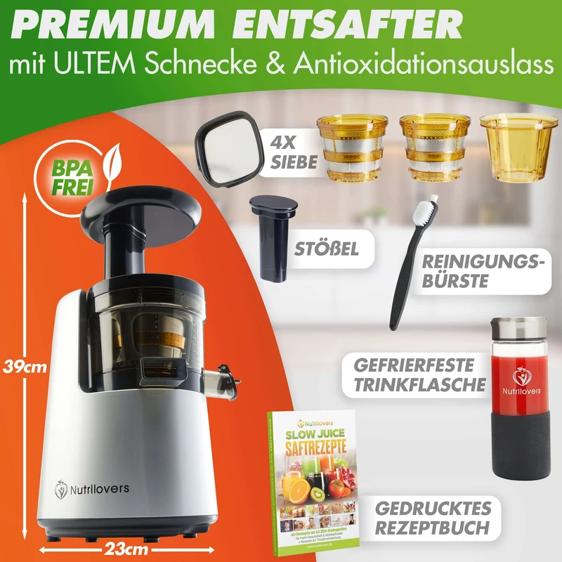 Slow Juicer NUTRI-PRESS NO.1 Premium Entsafter mit 3 Sieben