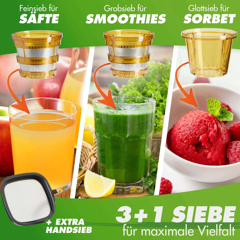 Slow Juicer NUTRI-PRESS NO.1 Premium Entsafter mit 3 Sieben