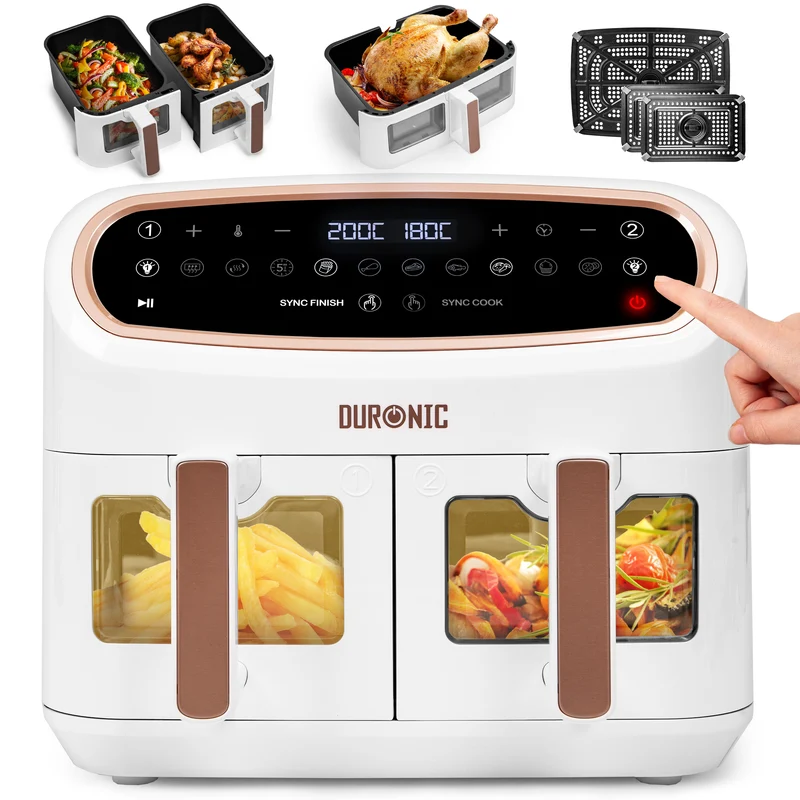 Duronic AF34 WG Heißluftfritteuse mit Sichtfenster | XXL Doppel Air fryer mit 2 Kammern 10 L | 2400 W Dual Zone Air Fryer | HLF mit 10 Programme | Inklusive großer Frittierkorb | Touchscreen Fritteuse