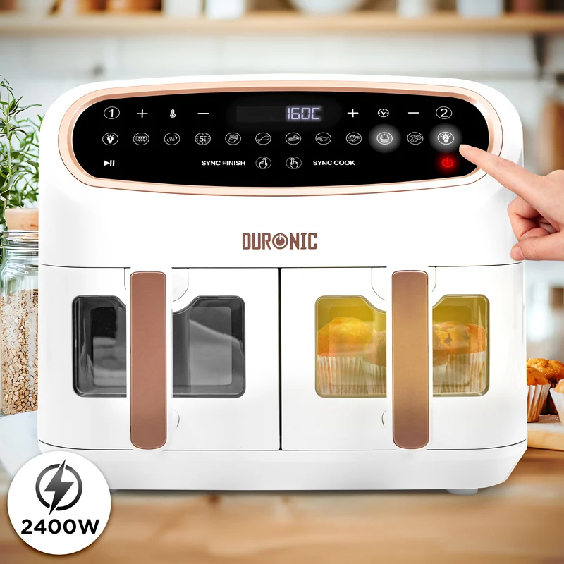 Duronic AF34 WG Heißluftfritteuse mit Sichtfenster | XXL Doppel Air fryer mit 2 Kammern 10 L | 2400 W Dual Zone Air Fryer | HLF mit 10 Programme | Inklusive großer Frittierkorb | Touchscreen Fritteuse
