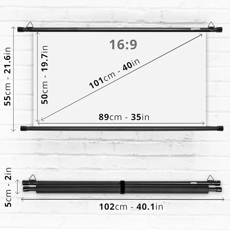 Duronic BPS40 16:9 Projektorleinwand, Beamerleinwand 40 Zoll, Heimkino mit 4K Full HD 3D, Rolloleinwand 1.0 Gain, Beamer Leinwand für Wandmontage, Filmnacht, Videoleinwand für Büro Schulen