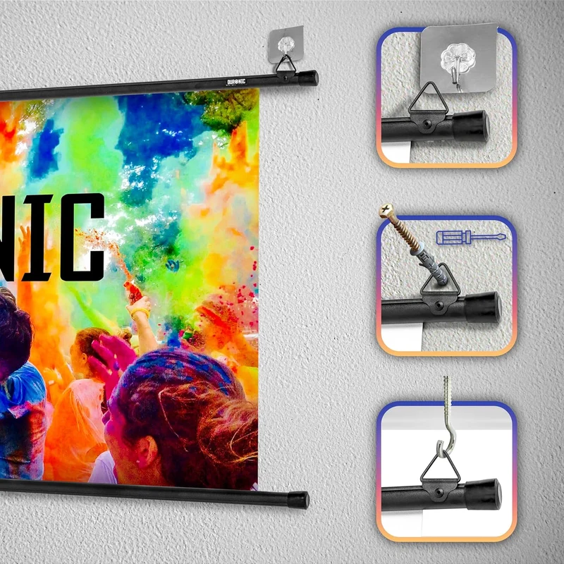Duronic BPS40 16:9 Projektorleinwand, Beamerleinwand 40 Zoll, Heimkino mit 4K Full HD 3D, Rolloleinwand 1.0 Gain, Beamer Leinwand für Wandmontage, Filmnacht, Videoleinwand für Büro Schulen