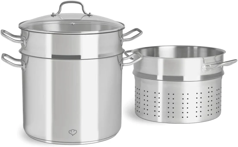 Edelstahl Kochtopf mit Glasdeckel 11 L, inkl. Siebeinsatz/Dampfgarer und Nudelsieb