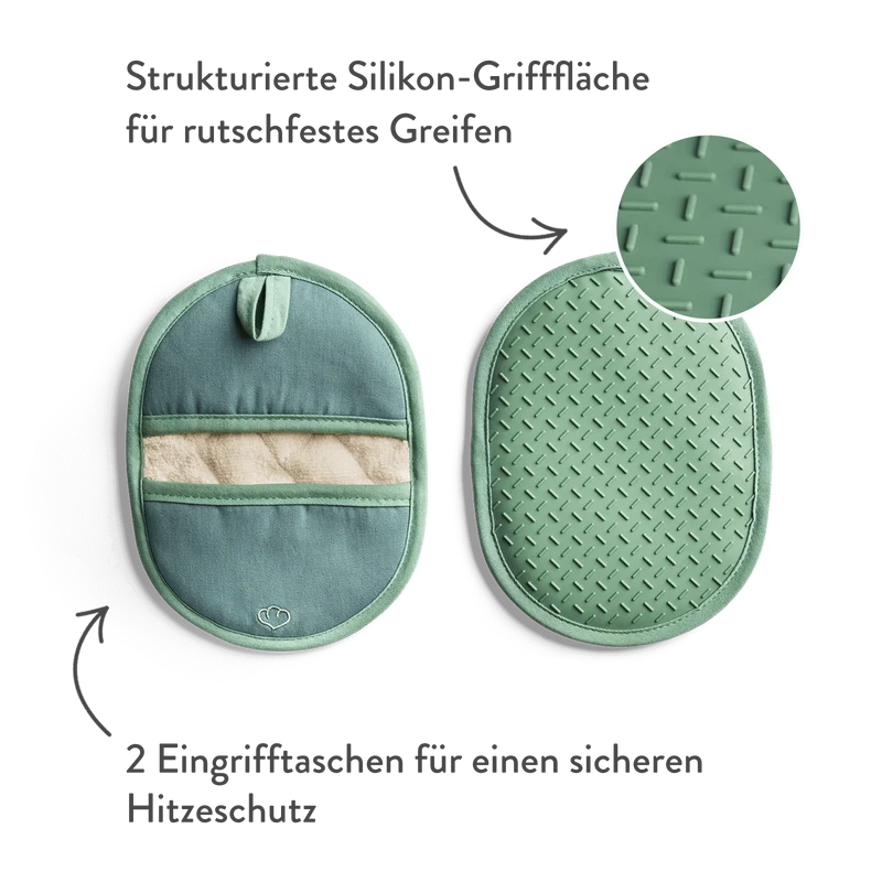 Topflappen-Set 2-tlg. Grau, Silikon & Baumwolle, hitzebeständig - Grau oder Mint