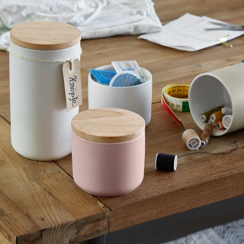 Keramik Vorratsdosen Sweet Scandi mit Holzdeckel - 10,1 x 18,3 cm - Rosa/Braun