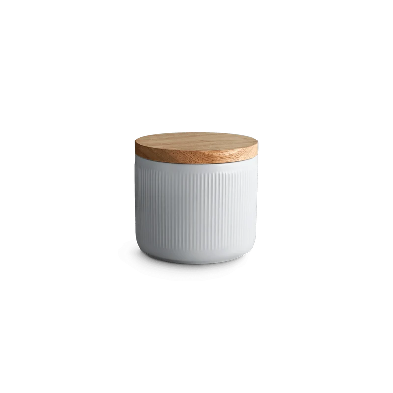Keramik Vorratsdosen Stripes mit Holzdeckel - 10,1 x 9,3 cm - Hellgrau