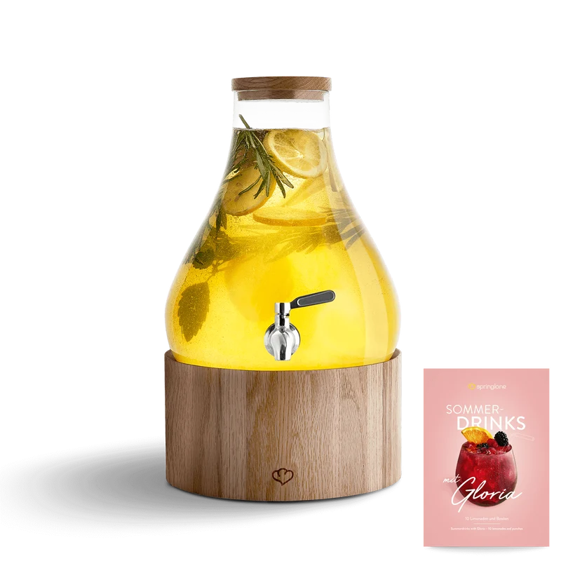 Glas Getränkespender 5,5 L Gloria mit Edelstahl-Zapfhahn & Ständer aus Eichenholz