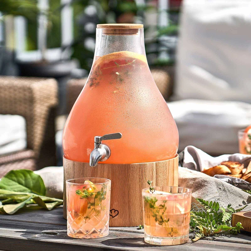 Glas Getränkespender 5,5 L Gloria mit Edelstahl-Zapfhahn & Ständer aus Eichenholz