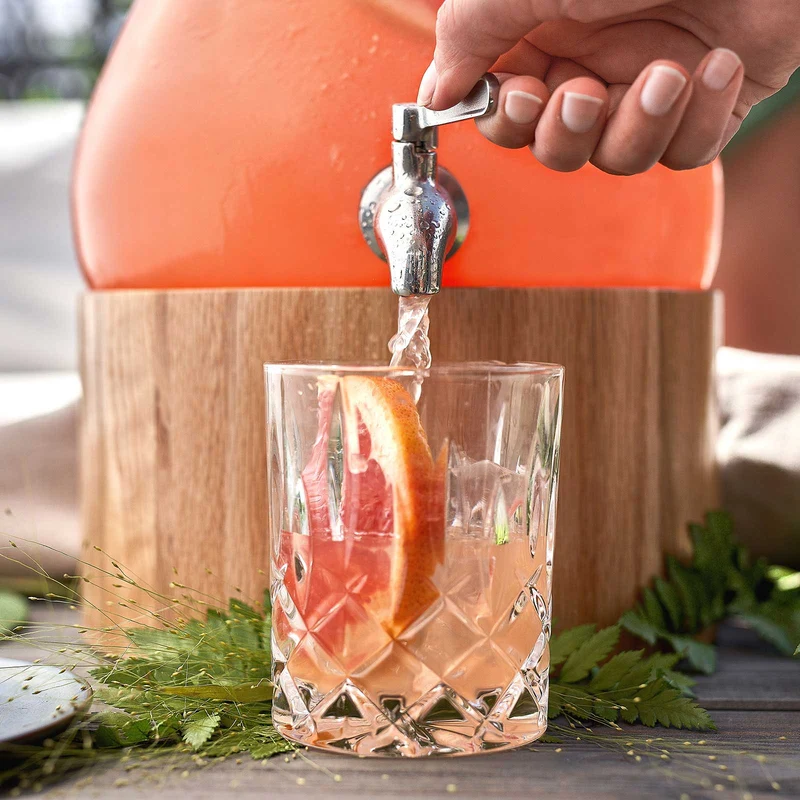 Glas Getränkespender 5,5 L Gloria mit Edelstahl-Zapfhahn & Ständer aus Eichenholz