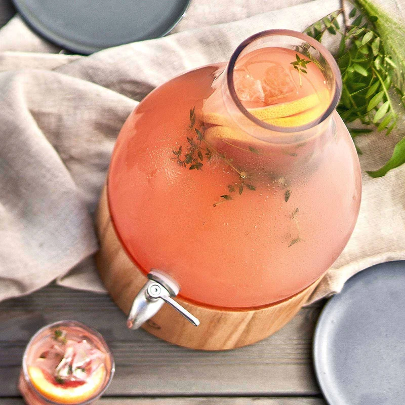 Glas Getränkespender 5,5 L Gloria mit Edelstahl-Zapfhahn & Ständer aus Eichenholz