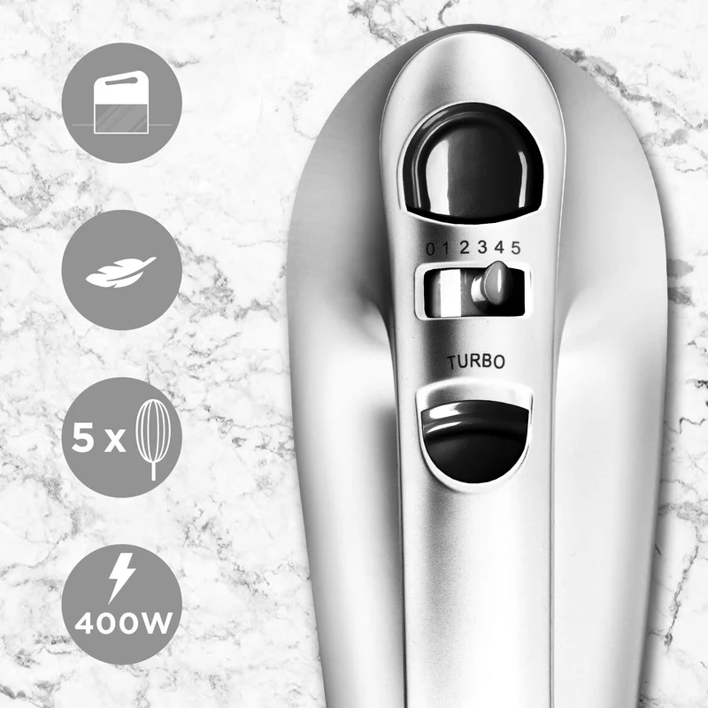 Duronic HM4 SR elektrischer Handmixer 400W, Handrührgerät mit Aufbewahrungsbox, Rührgerät Rührbesen Knethaken Aufbewahrungsbox, Rührmaschine, Küchenmixer, Handrührer, Mixer für Backen, Teig, Grau