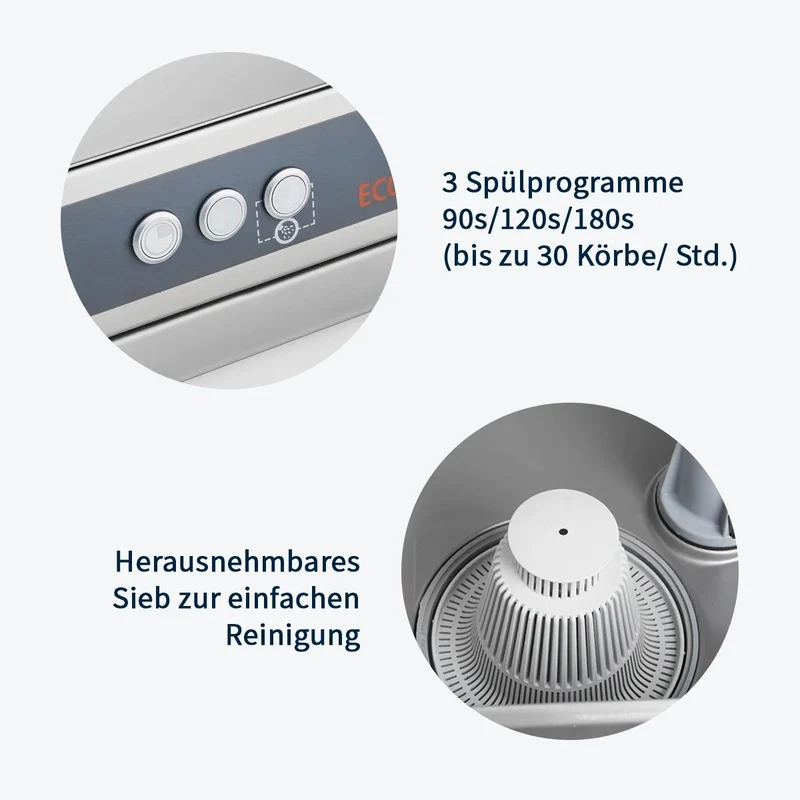 Gläserspülmaschine ECO 40x40 cm Korbmaß, mit Reiniger- & Klarspüldosierer, mit Ablaufpumpe & Enthärter, Made in Europe, 230 Volt