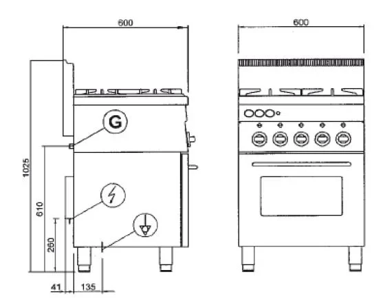 Gasherd Serie 600 - 60/60 mit Elektrobackofen, Umluft und Elektrogrill