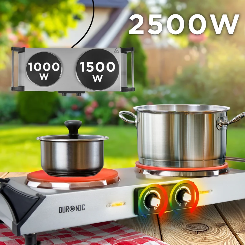 Duronic HP2 SS Doppel Kochplatte, Elektrische Doppelkochplatte mit Griffen 2 Kochfelder stufenlos regelbar, Campingkocher mit Massekochfeld, Tragbare Herdplatte aus Edelstahl für Camping, 2500 W