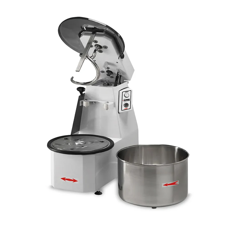 GMG Teigknetmaschine 62Lt. / 50Kg 400V, Hebbarer Kopf und Herausnehmbarer Kessel, Spirale, Teigteiler und Wanne aus Edelstahl