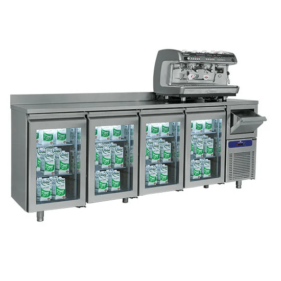 Mastro Kühltisch mit 4 Glastüren GN 1/1, Kaffeesatzschublade und Aufkantung, -2°/+8°C