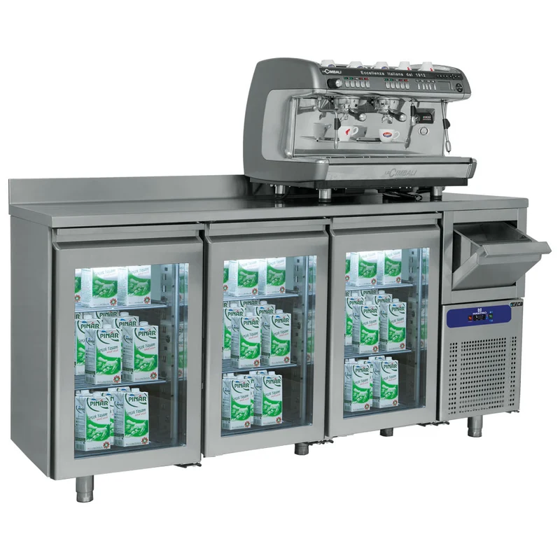 Mastro Kühltisch mit 3 Glastüren GN 1/1, Kaffeesatzschublade und Aufkantung, -2°/+8°C