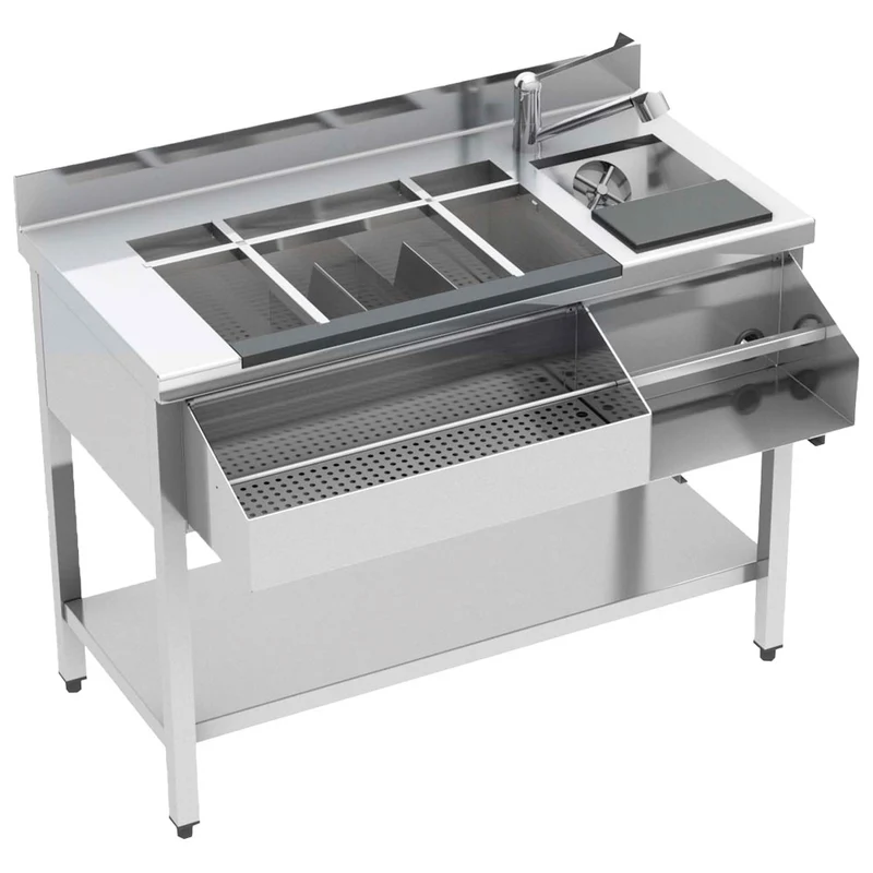 Virtus Cocktail Bar Station neutral mit Eiswanne, Flaschenhalter, Mixerregal, Spülbecken, 1200x720 mm