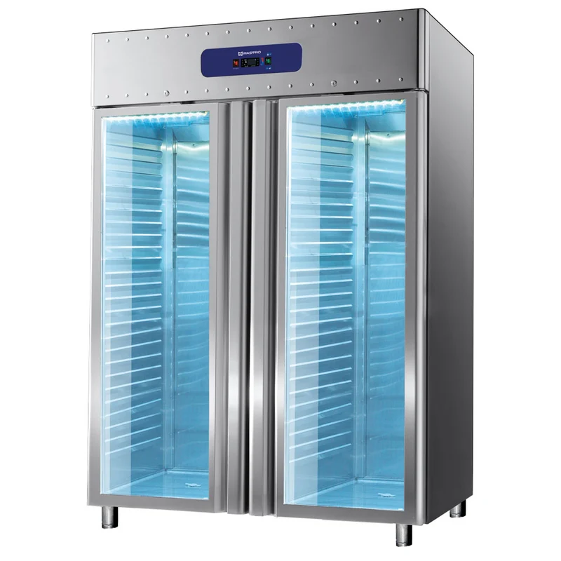 Mastro Kühlschrank 1400 Liter aus Edelstahl mit Glastüren, GN 2/1, -2°/+8°C, 85 mm Isolierung