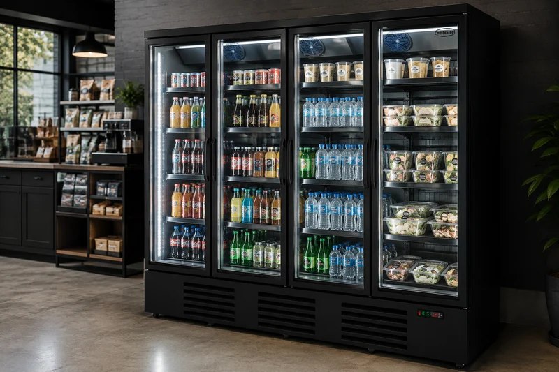 Combisteel Kühlschrank 4 Glastüren Schwarz JDE-2025R Bl *transport auf Anfrage* **achtung, Es Liegt Ein Erhöhter Einschatlstrom Vor, Sodass Ein Leitungsschutzschalter mit C-charakteristik Erforderlich Ist.**