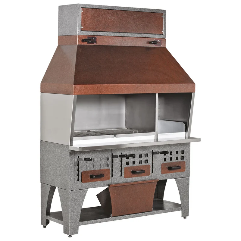 Mastro Holzkohlegrill auf Unterschrank mit Ascheschubladen und Abzugshaube, 2 Grillzonen gesamt 1020x530 mm
