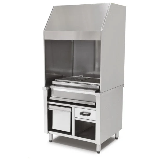 Mastro Holzkohlegrill auf Unterschrank mit Ascheschublade und Abzugshaube, 2 Grillzonen gesamt 1200x600 mm