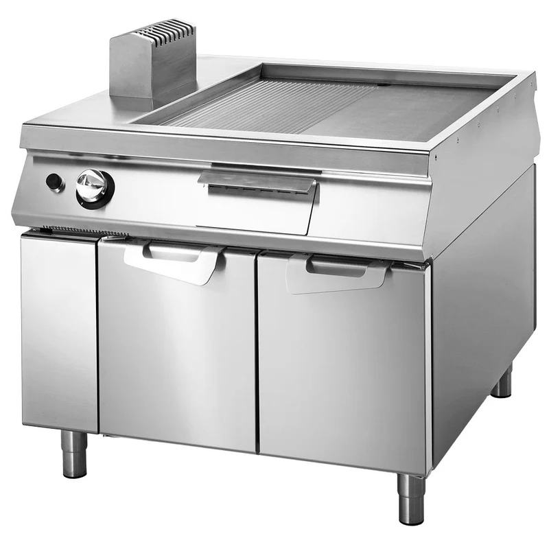 Virtus Gas-Grillplatte ½ glatt ½ gerillt auf Unterbau mit Türen, Bedienung beidseitig